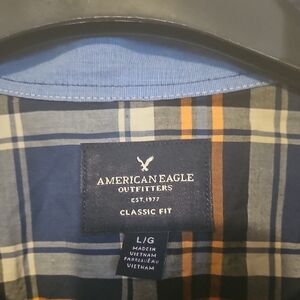 American Eagle Outfitters Blue and Orange Plaid Casual Shirt